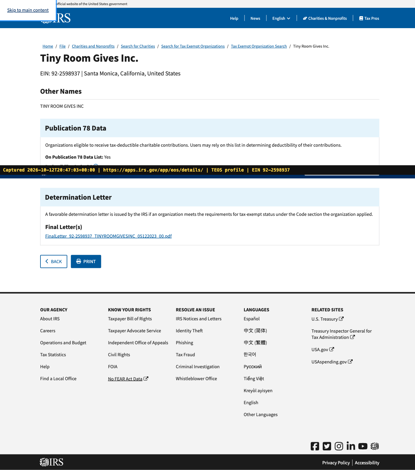 TEOS profile: On Publication 78 Data List Yes, Deductibility Code PC, final letter dated 05122023