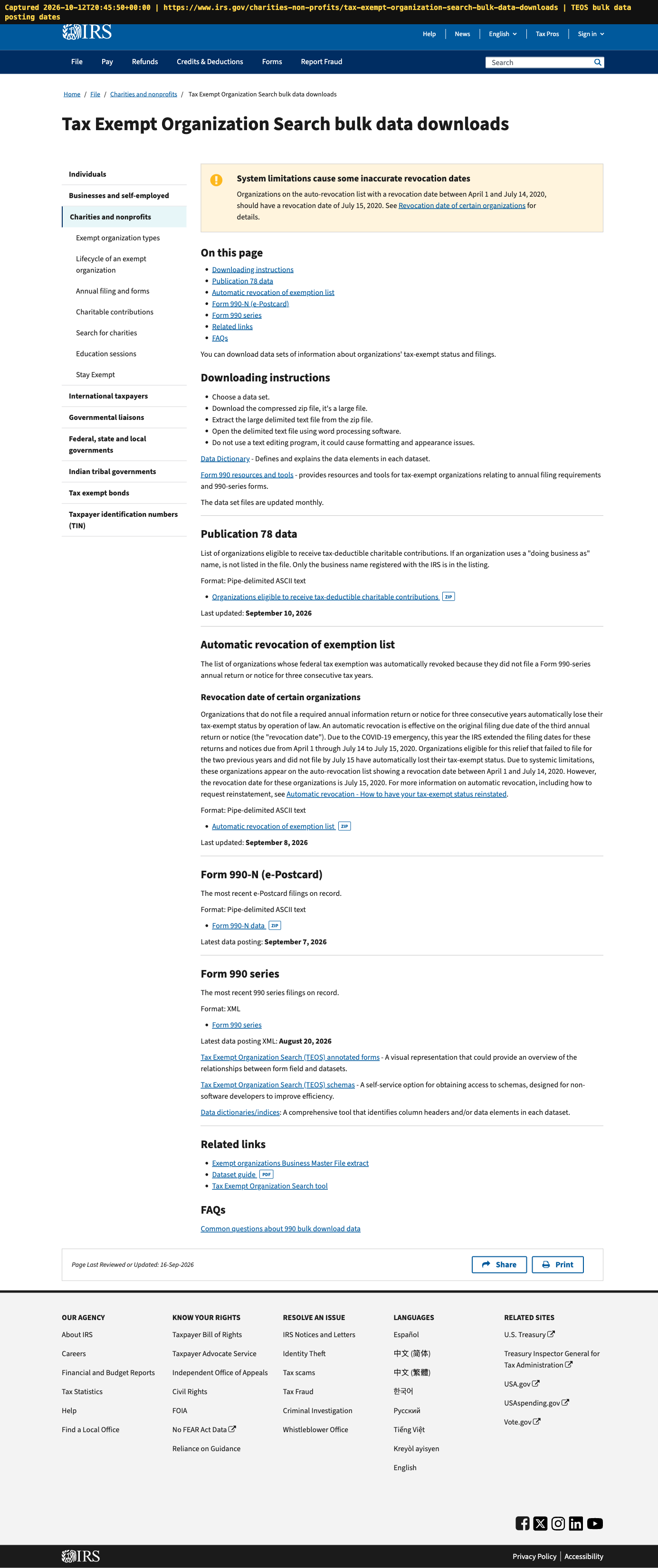 IRS TEOS bulk data downloads page showing last updated and latest posting dates