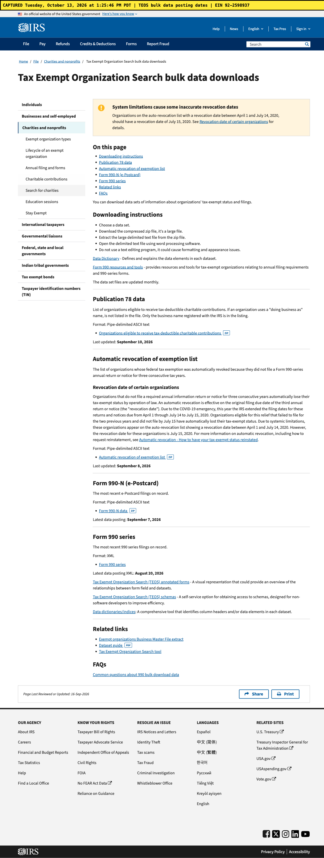Oct 13 IRS TEOS bulk data page: posting dates unchanged, page reviewed 16-Sep-2026