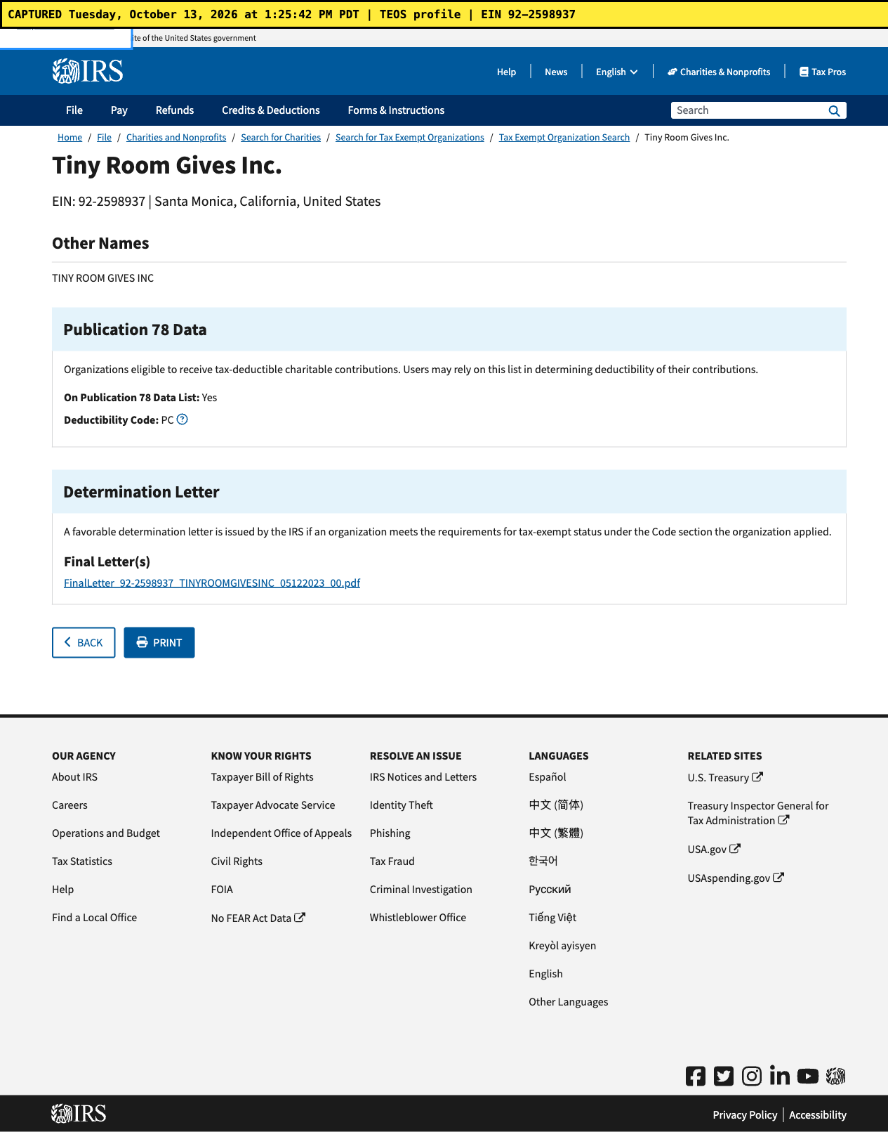 Oct 13 TEOS profile: On Publication 78 Data List Yes, Deductibility Code PC